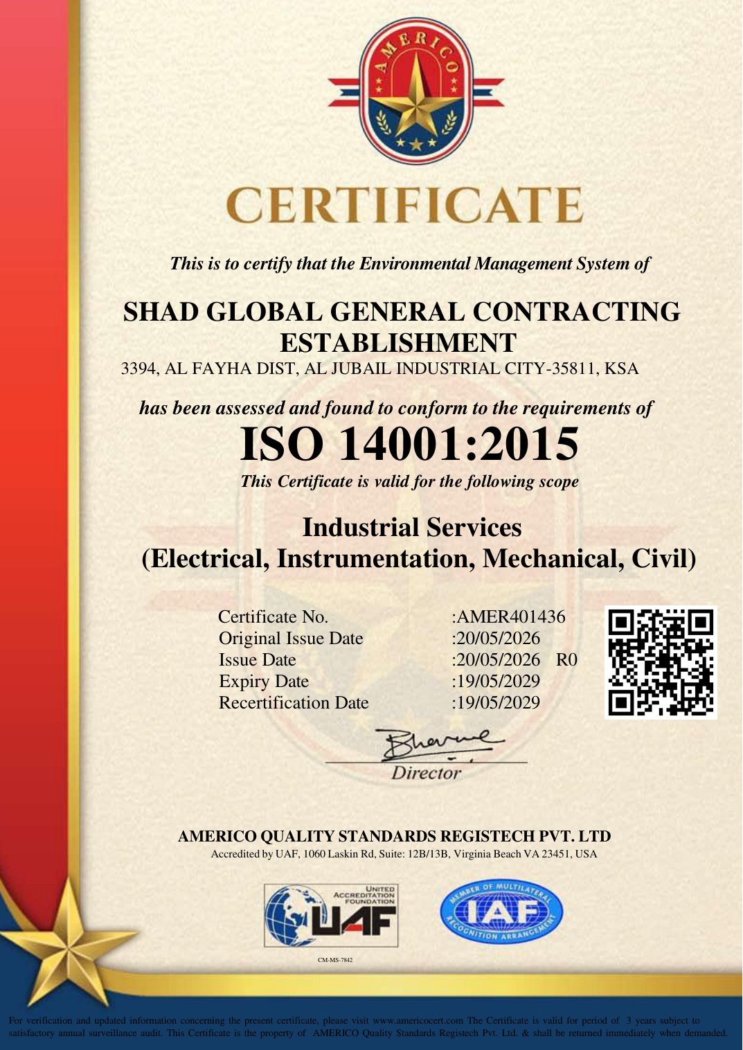 ISO 14001:2015  Environmental Management System certificate, SHAD Global